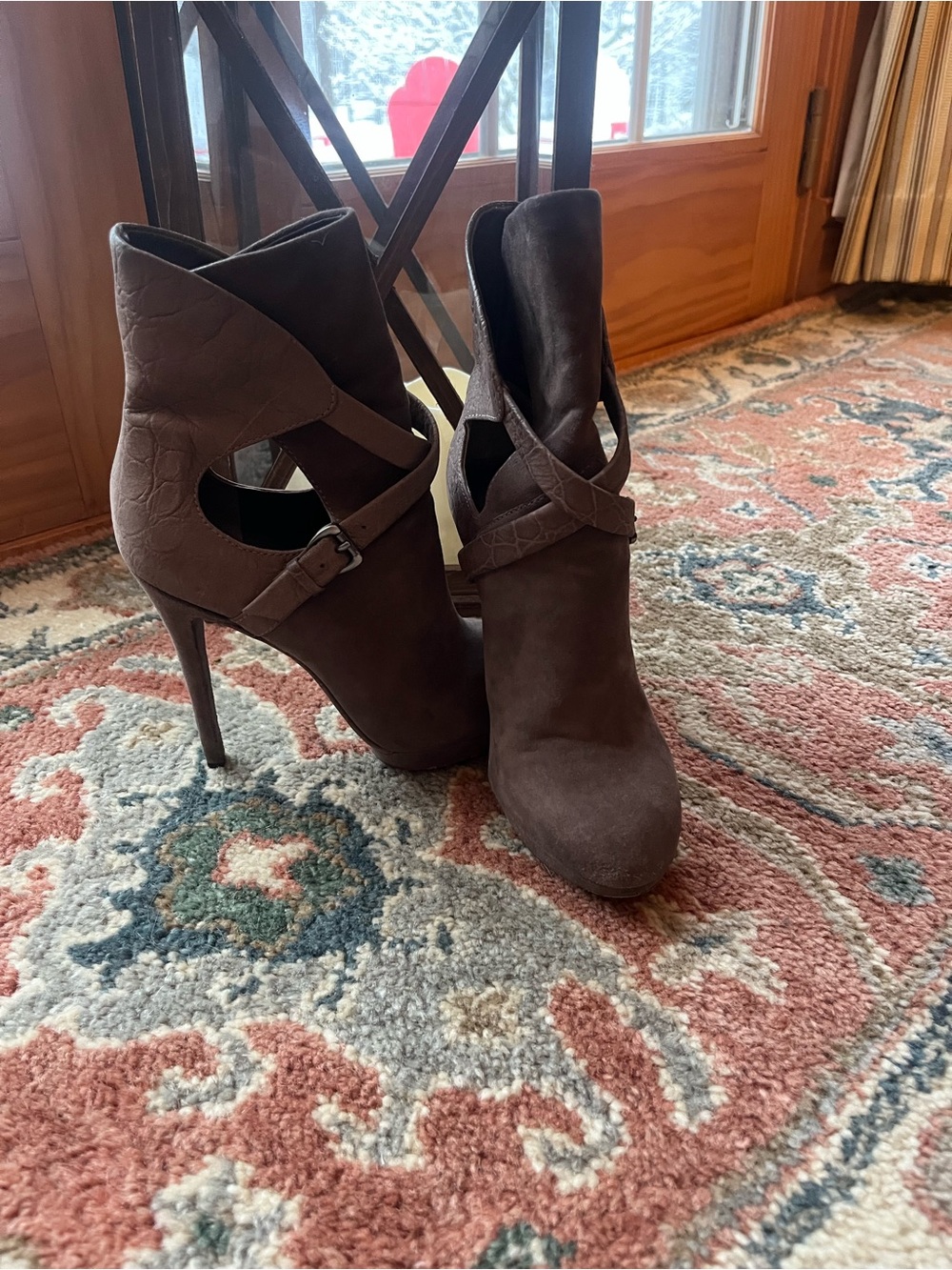 B Brian Atwood Greige Suede Cutout High-Heel Ankle Boots